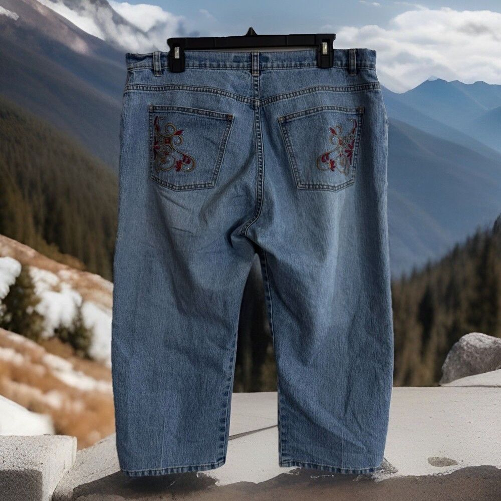Y2K Ninety Brand Grannycore  Women’s Crop Jean Sz14 5 Pockets Embroidered  Baggy